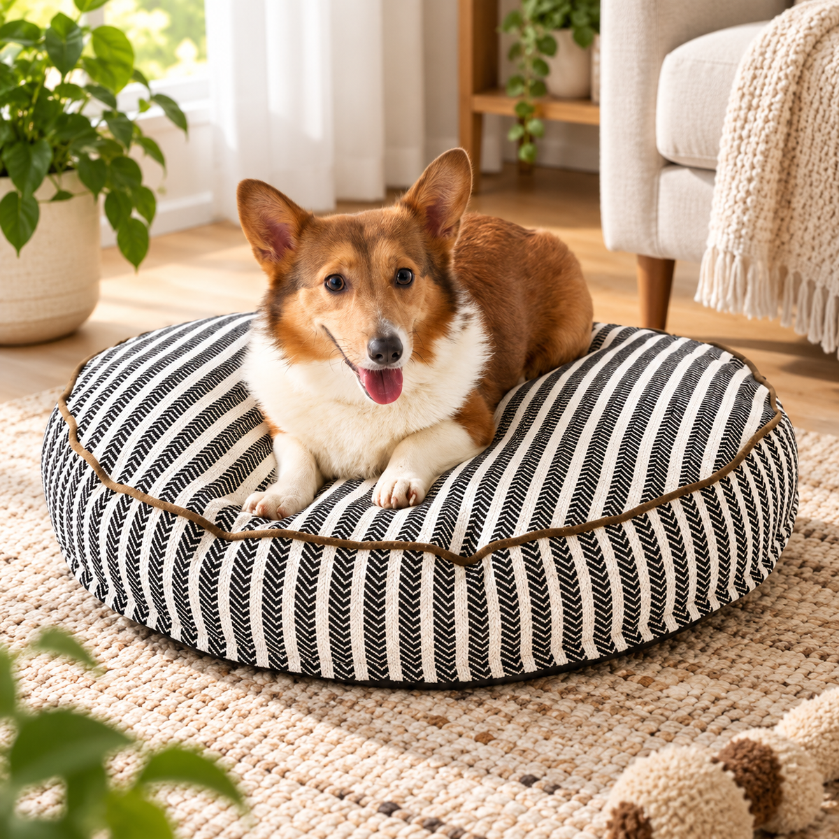 Cozy Round Striped Dog Bed
